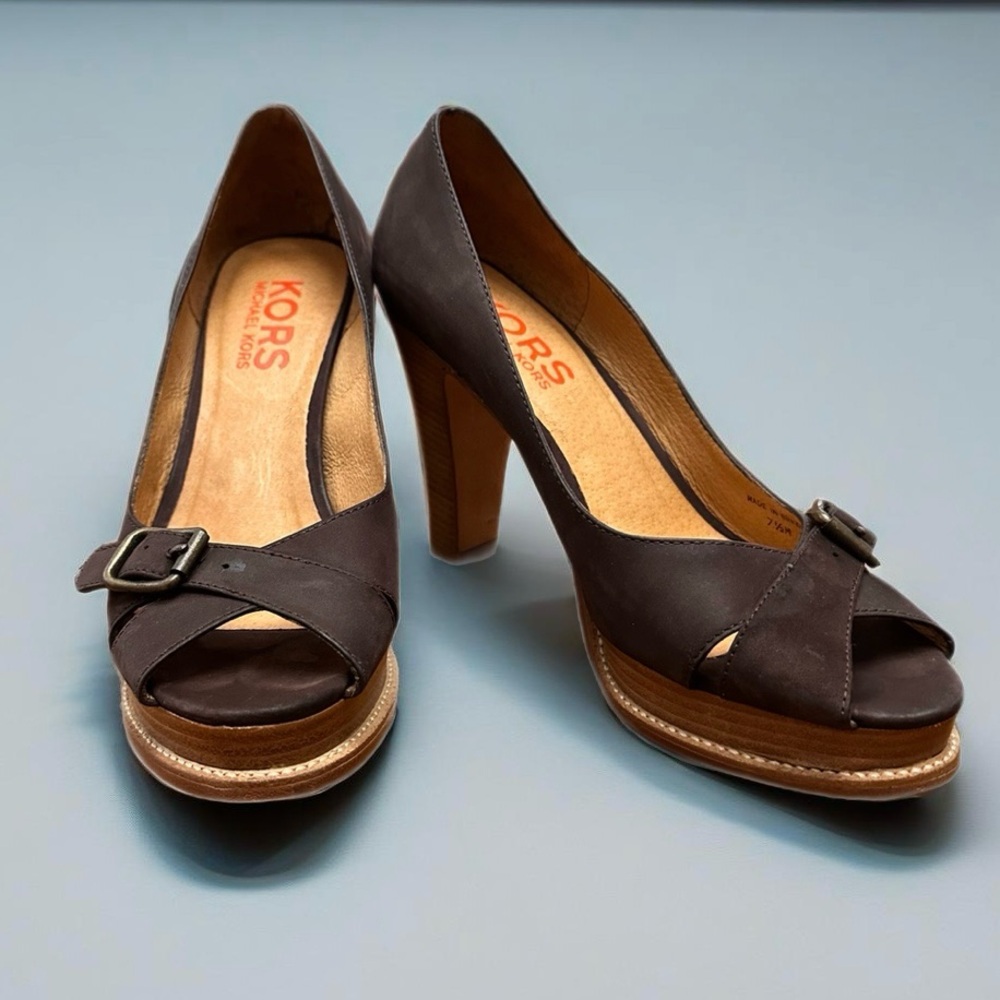 Michael Kors “Spice” | Open Toe Pumps |Dark Chocolate Nubuck | EUC
